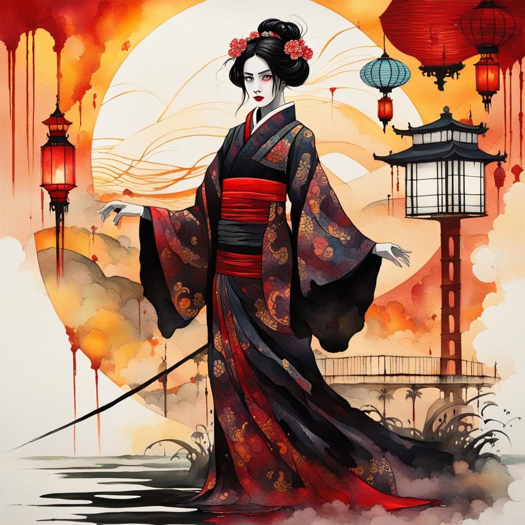 Gothic Geisha Punk Dreamscape in Neo-Expressionist Style