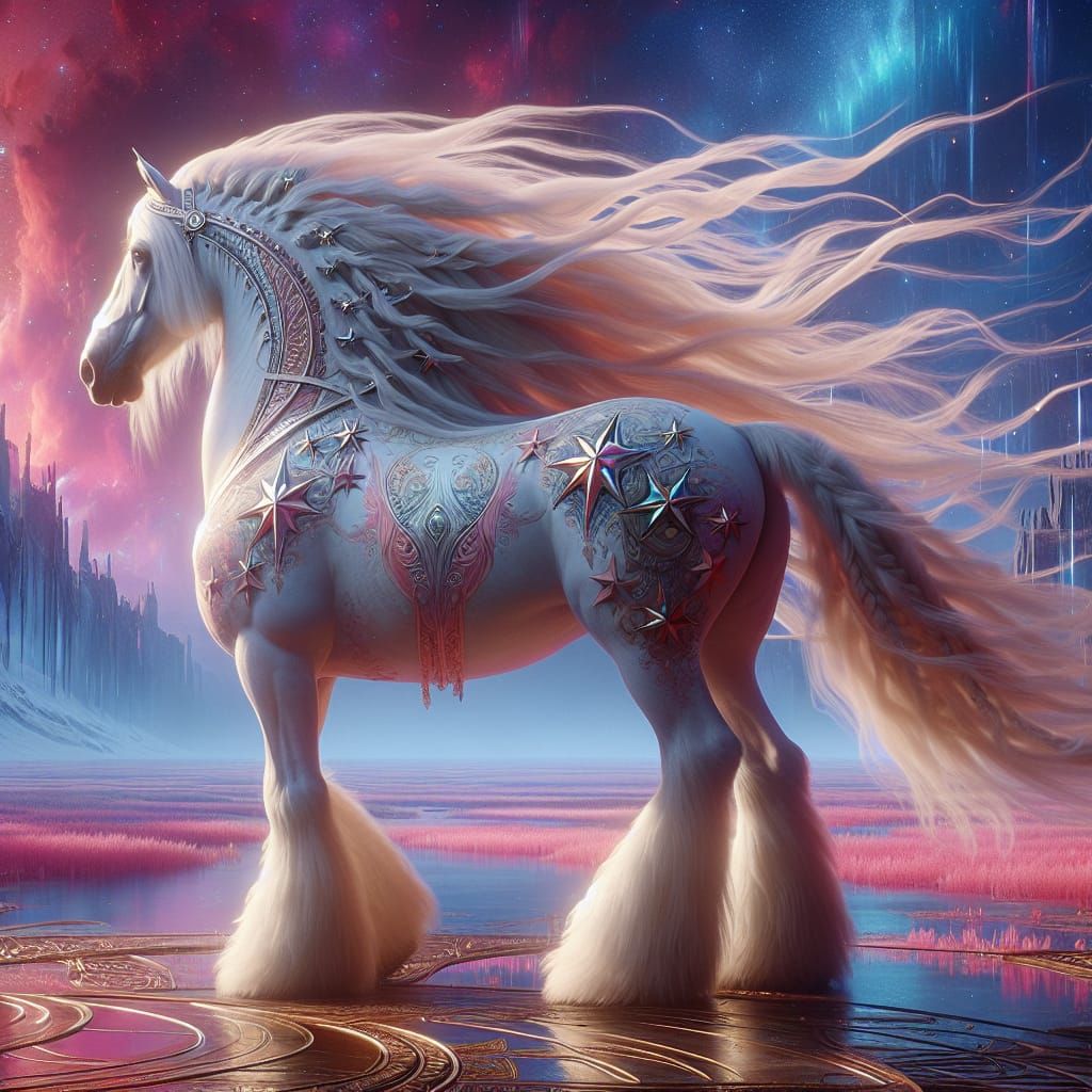 Majestic White Clydesdale in Fantasy Landscape
