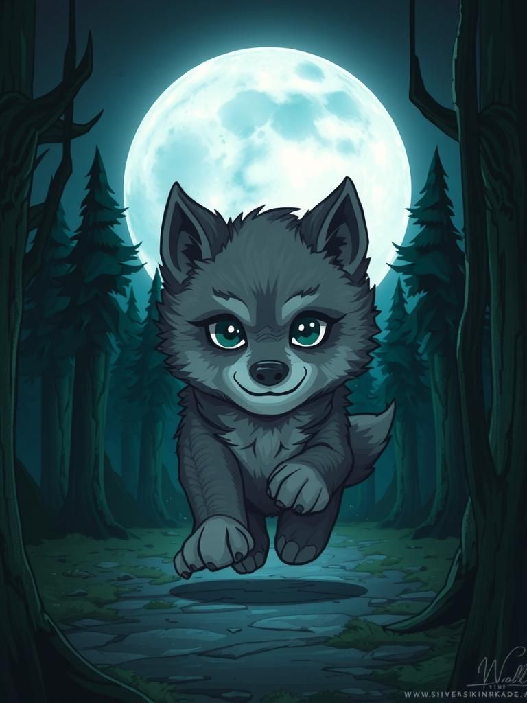 Chibi Werewolf Pup in Dark Forest, Fantasy Art