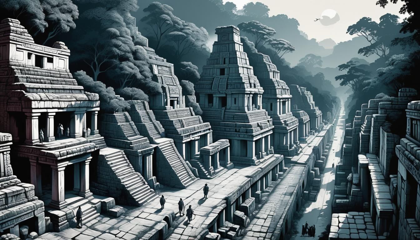 Palenque Street Scene in Monochromatic Surrealist Style