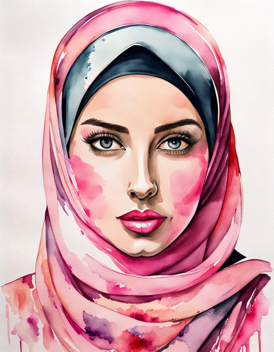 Woman in Pink Hijab: Watercolor and Ink Drawing