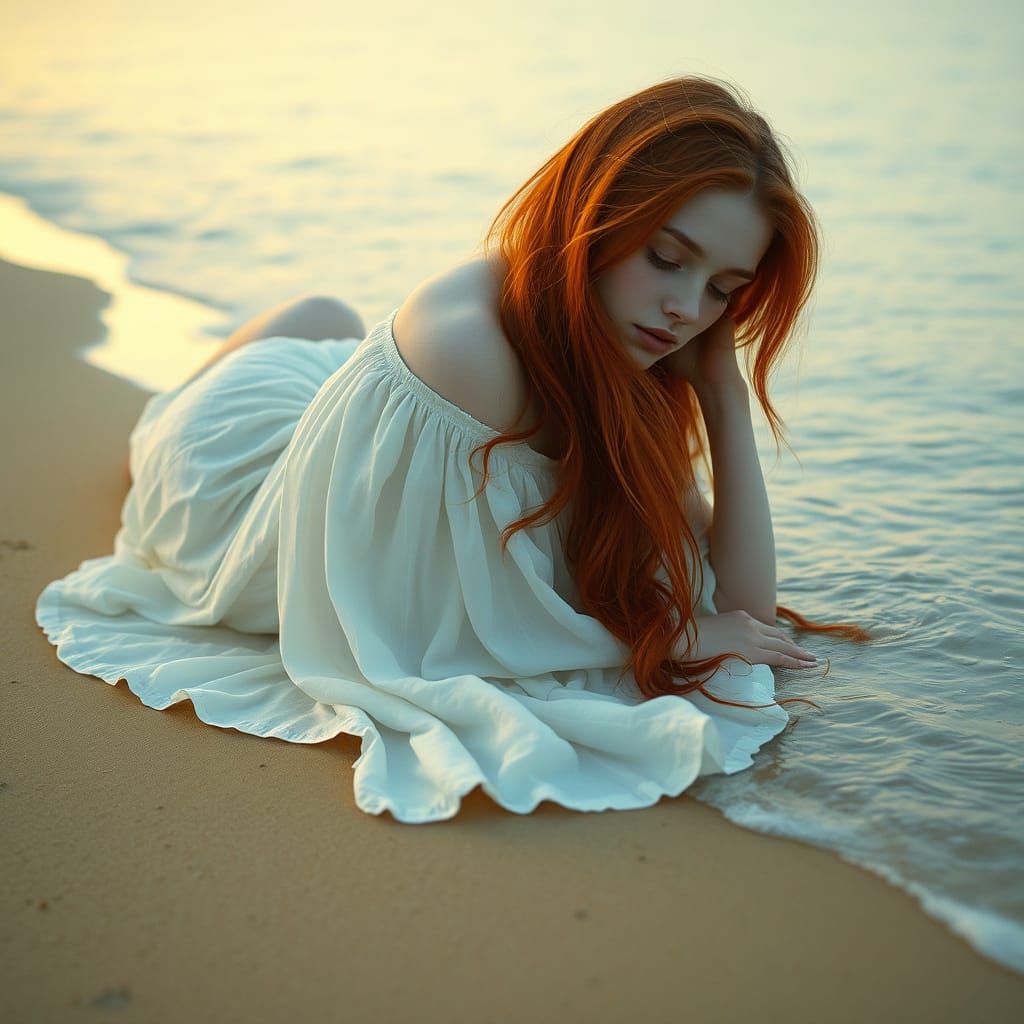Serene Beach Goddess in Red Hair and White Sundress