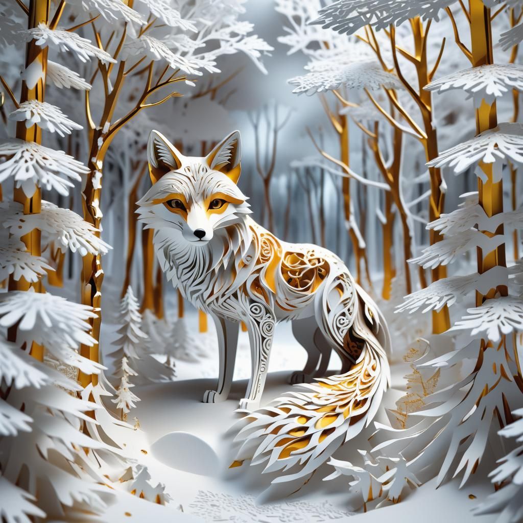 Kirigami Fox in Snowy Forest