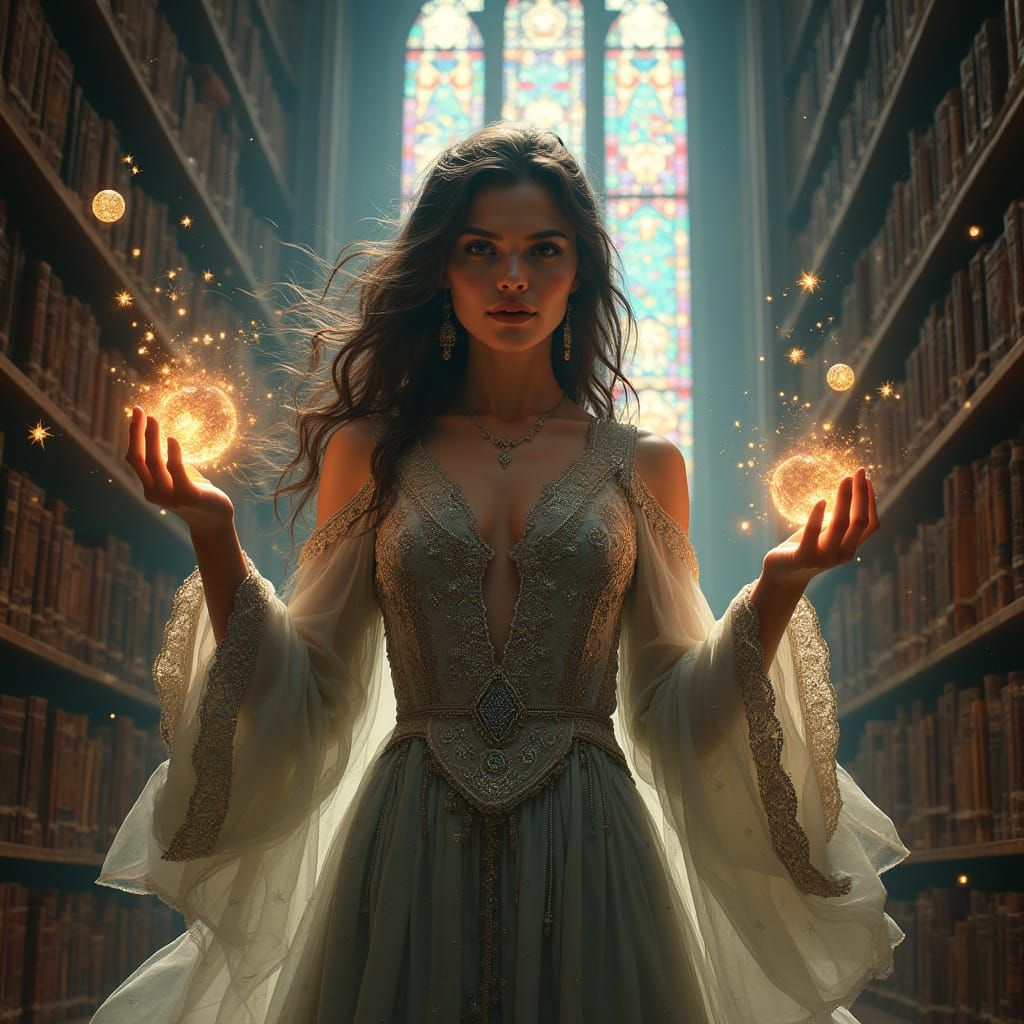 Sorceress in Ancient Library Grandeur