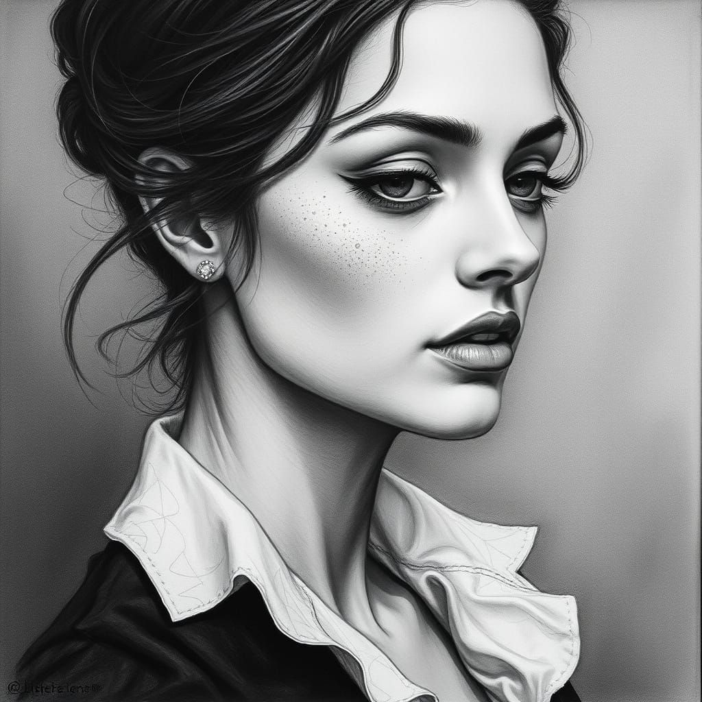 Elegant Woman's Face in Hyperdetailed Charcoal Drawing