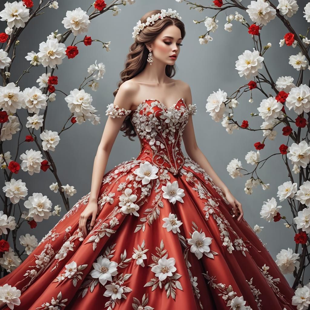Girl in Red Fantasy Gown with Flowers