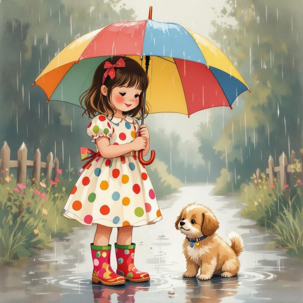 Girl and Puppy in Rain, Whimsical Art Style