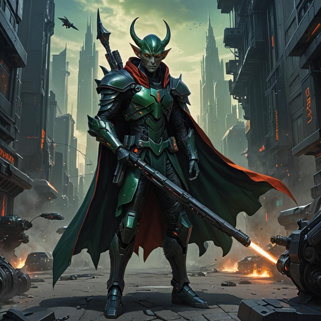 Hi-Tech Alien Elf in Futuristic City, Dark Fantasy Art