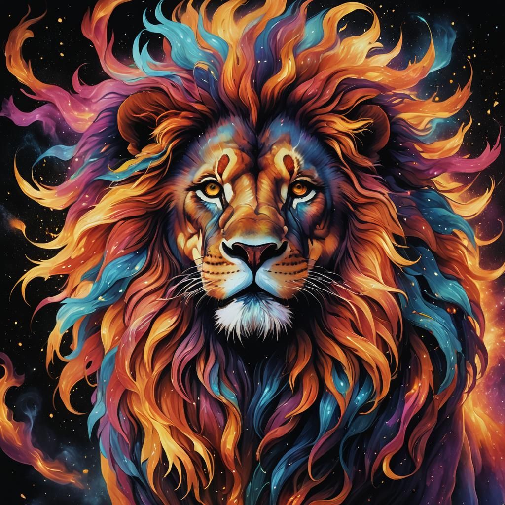 Flaming Astral Lion in Cosmic Art Style