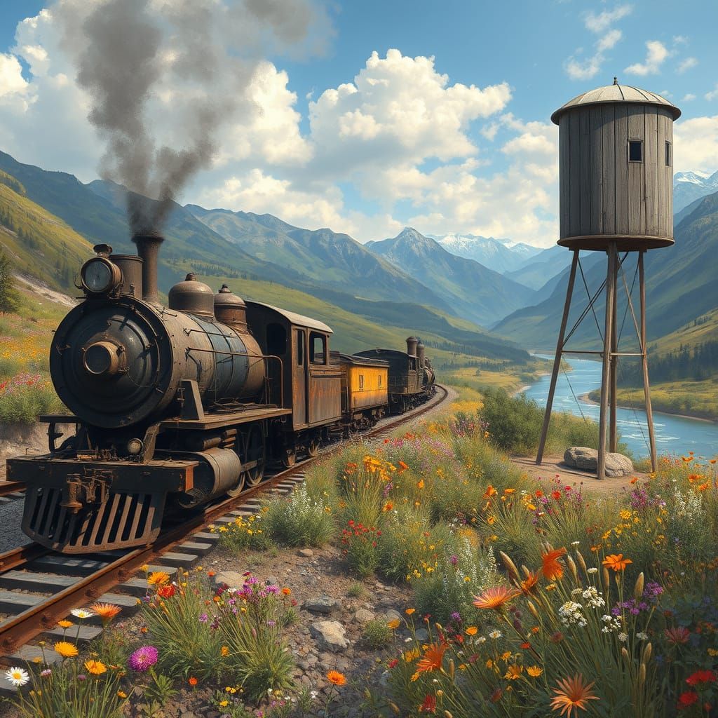 Vintage Steam Train in Serene Mountain Valley Landscape