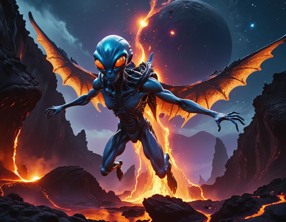 Alien Being Flies Over Molten Metal Planet