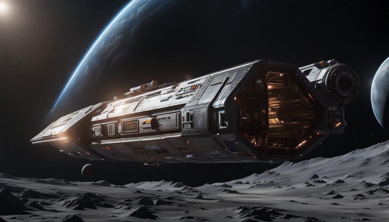 Hyperrealistic Rundown Spaceship Hauling Freight in Deep Spa...