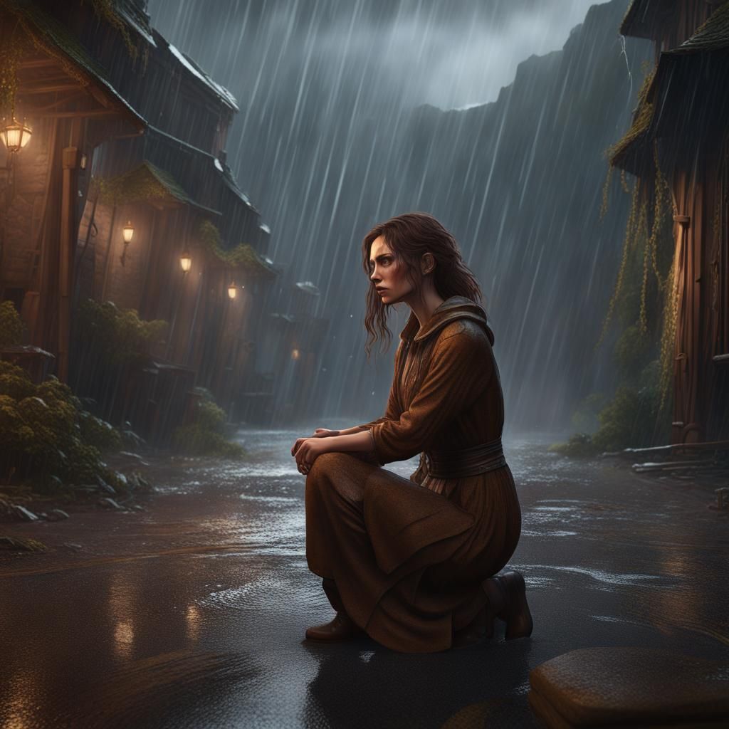 a woman with medium-length brown hair, tears streaming down her cheeks, profound sadness kneeling down, rainfall