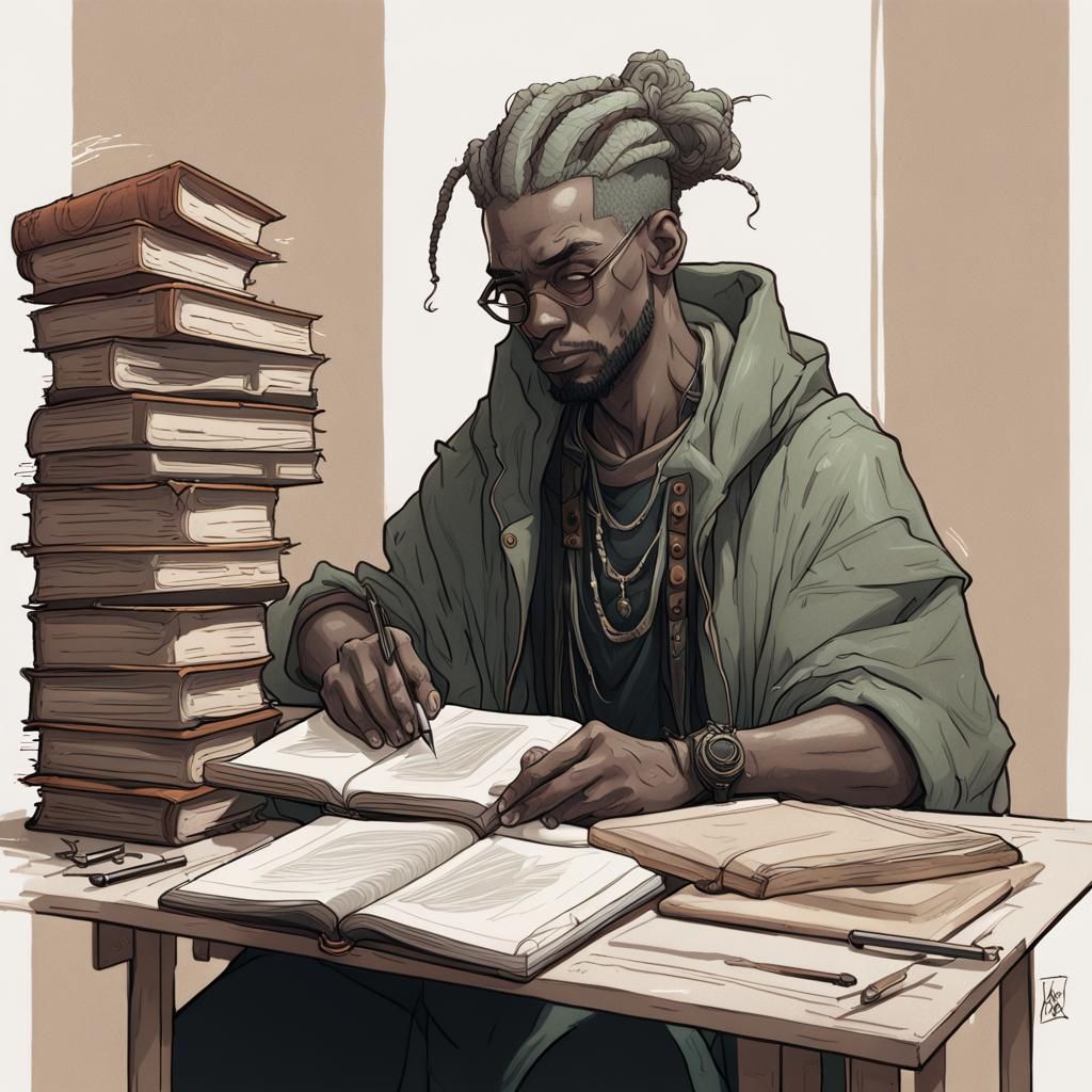 Person Binding Book in Slimepunk Comic Art Style