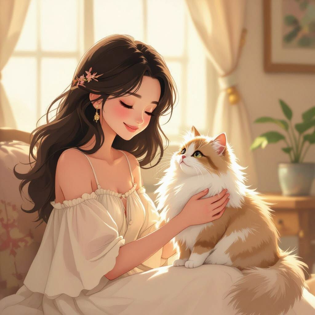 Girl Petting Cat in Whimsical Anime Style
