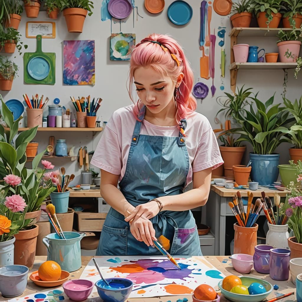 Fantasy Art: Girl Painting in Summer Studio