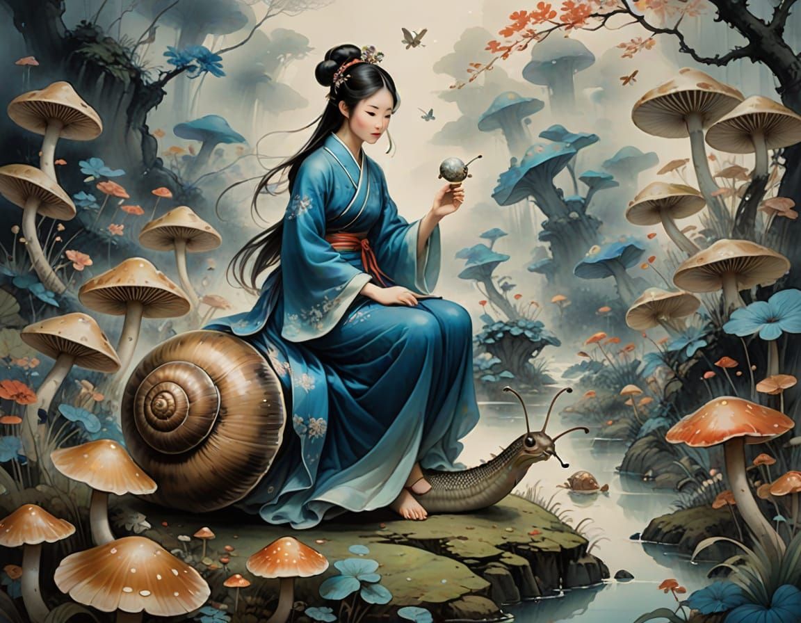 Fairy Riding Snail: Chinese Ink Fantasy Illustration