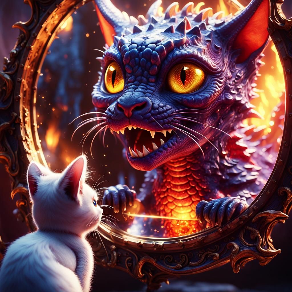 Cat and Dragon Reflection: Hyperdetailed Digital Art