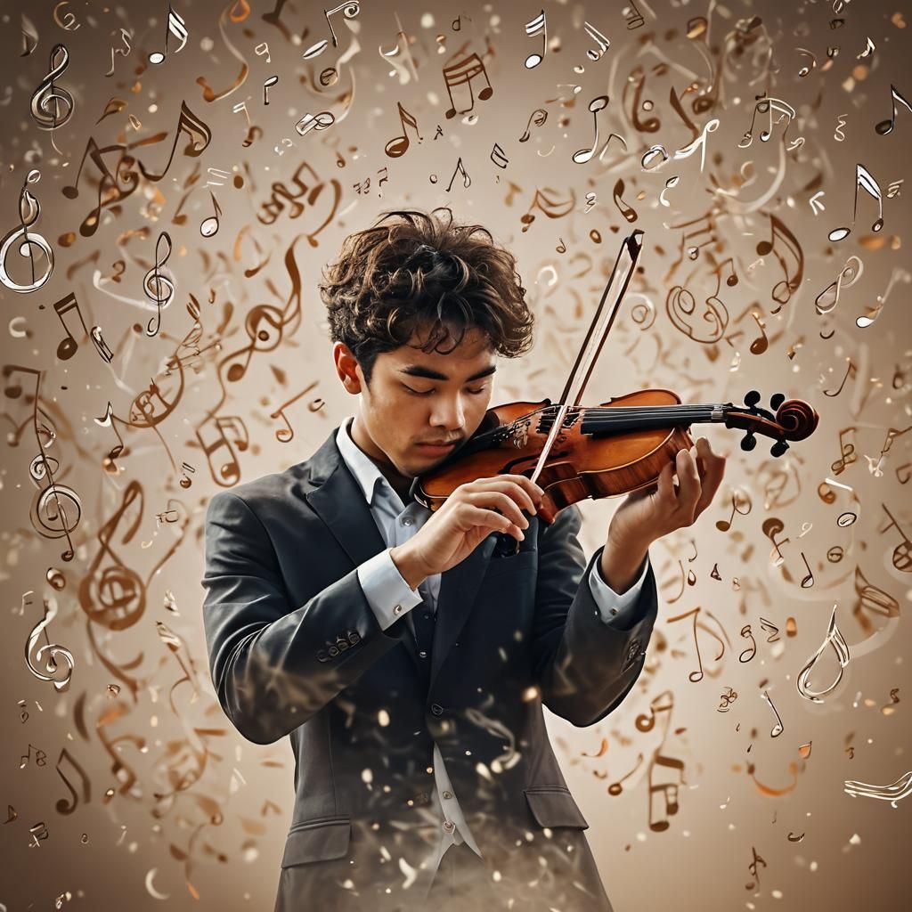 Violinist Surrounded by Music Notes in Warm Light