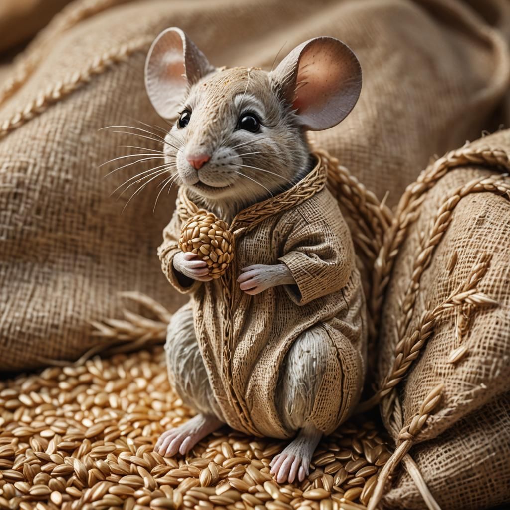 Mouse Statue on Grain Sack in Golden Light