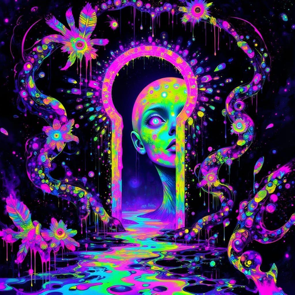Psychedelic Wizard Peering Through Melting Keyhole in Neon L...