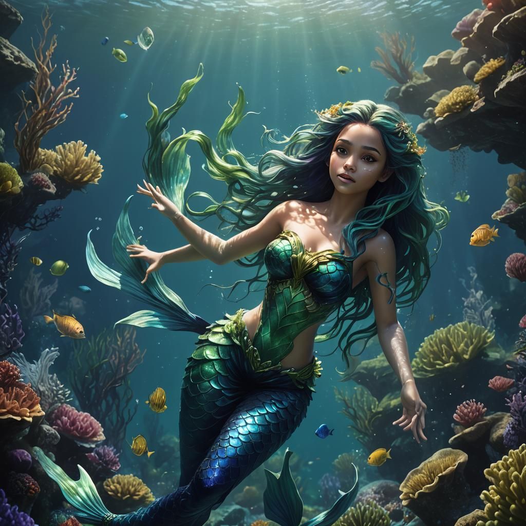 Mermaid Girl Swimming in the Deep Blue Sea