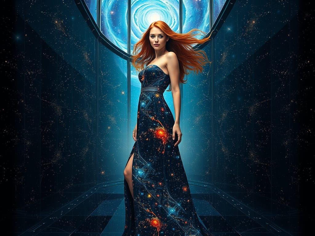 Ethereal Woman in Cosmic Hall of Mirrors