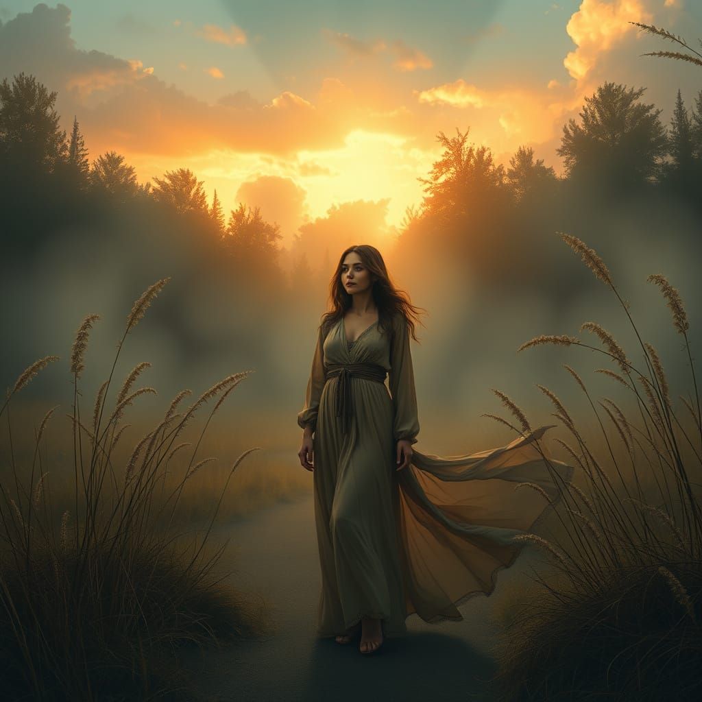 Woman at Storm's Edge in Dreamlike Style