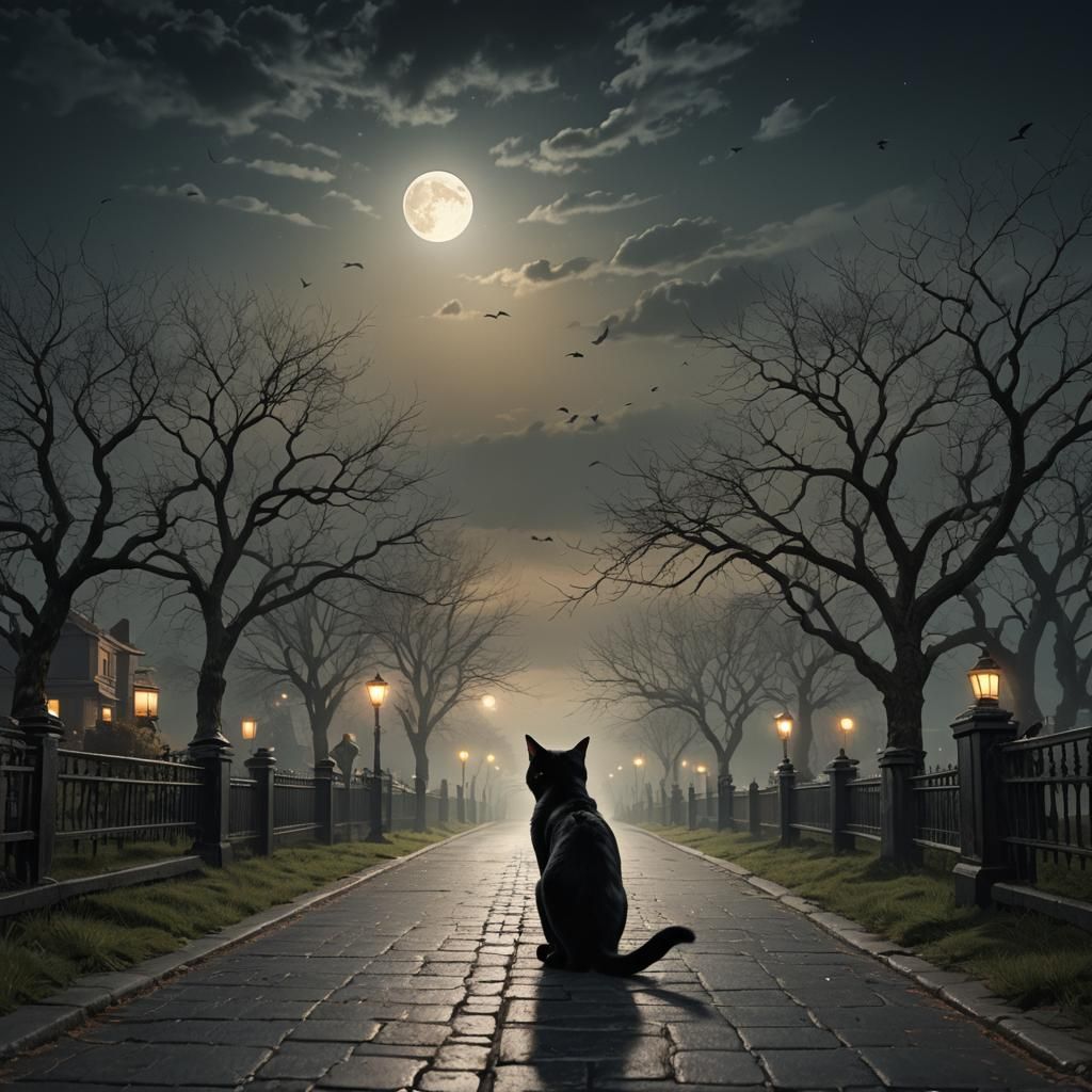 Black Cat Silhouette Under Full Moon, Digital Art