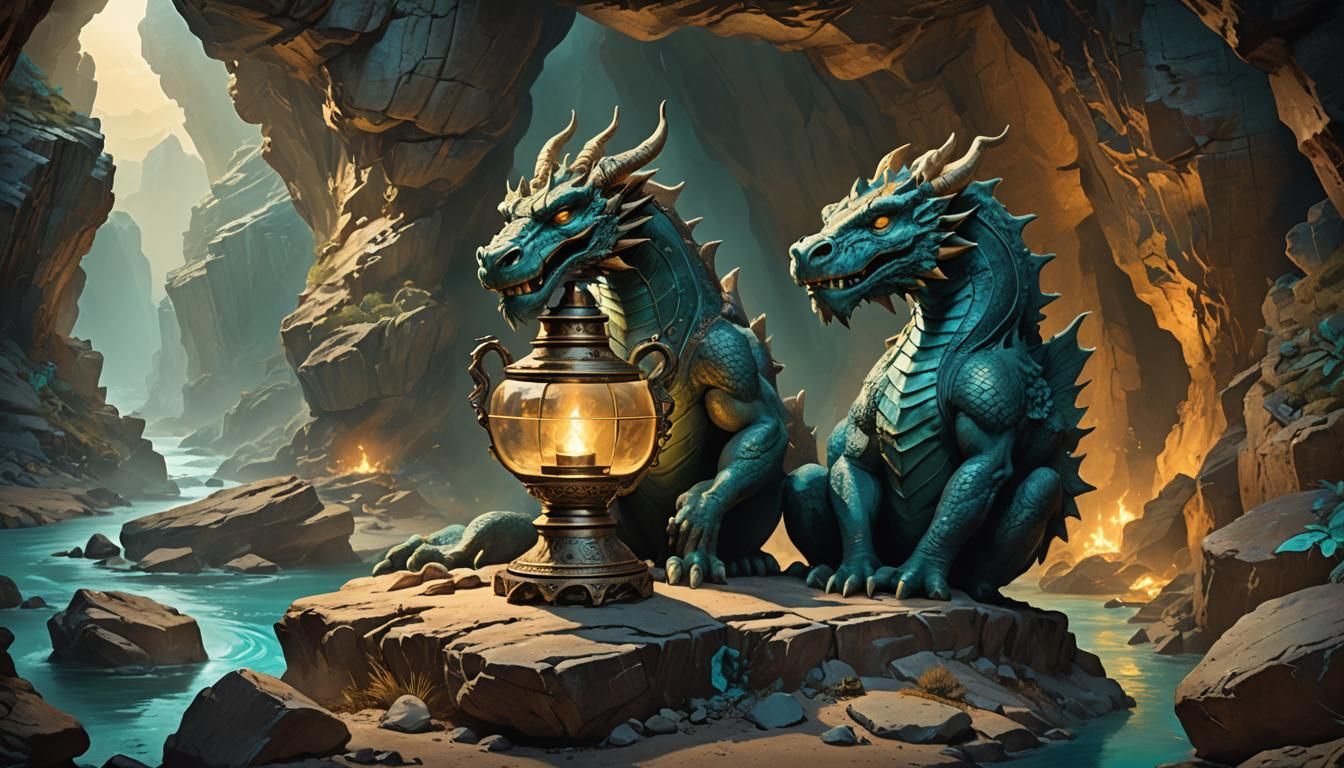 Mystical Dragon Oil Lamp in Turquoise and Gold