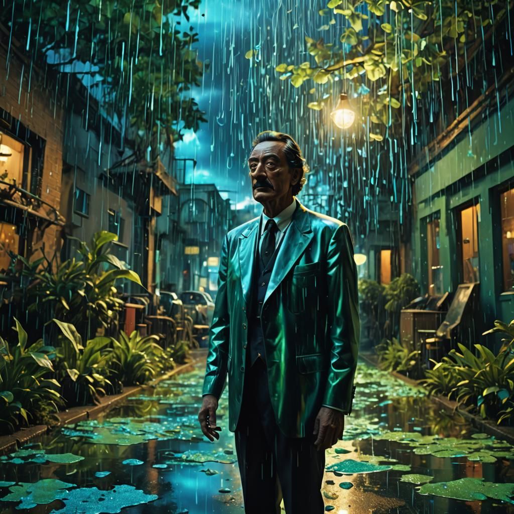 Surrealist Holographic Rain Scene in Liquid Smoke Effect