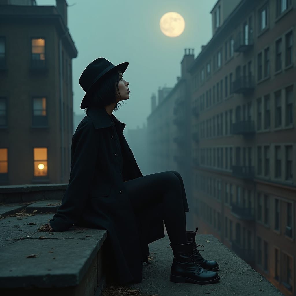 Young Woman Gazing at Moon in Urban Landscape
