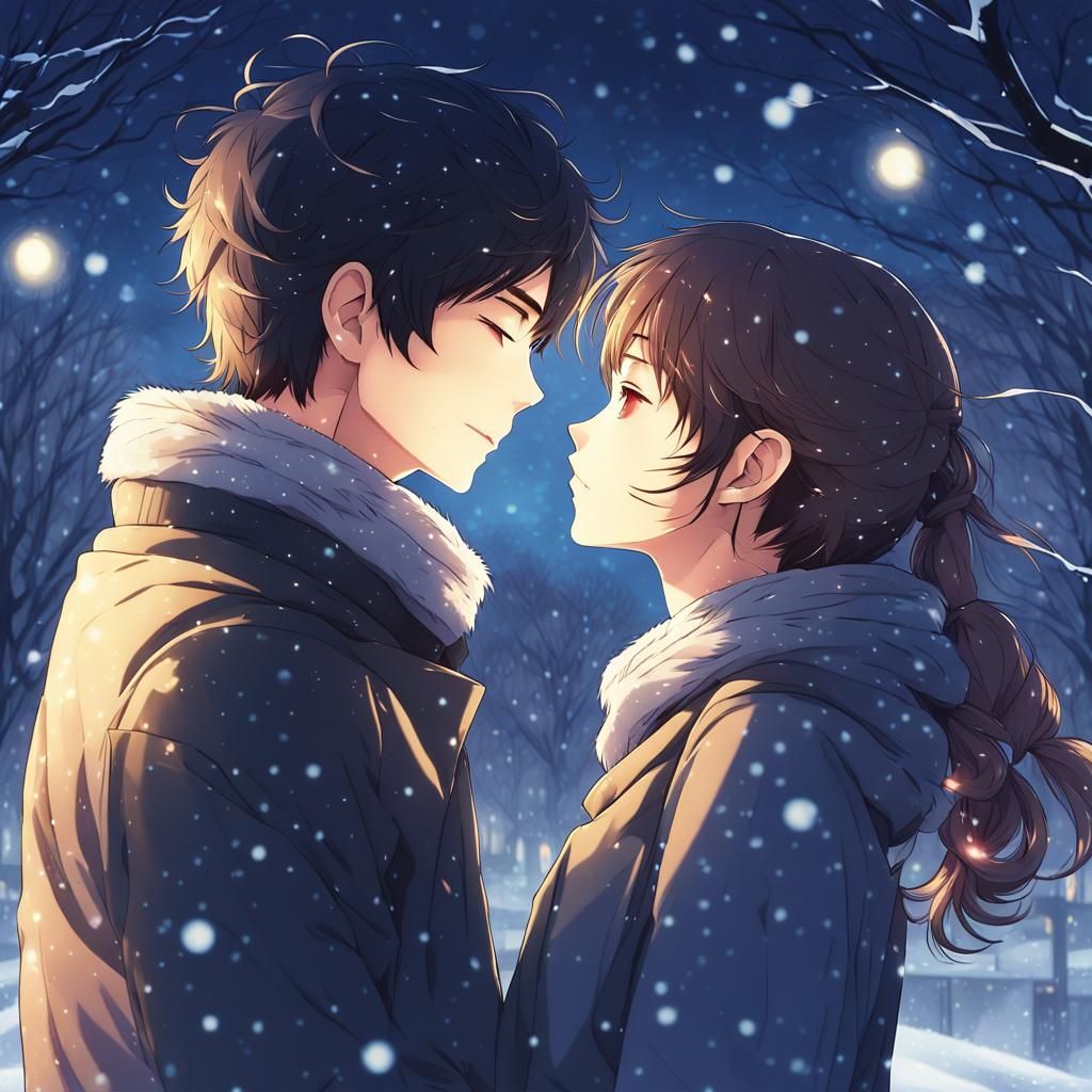 Romantic Kiss in Snowy Night, Anime Style