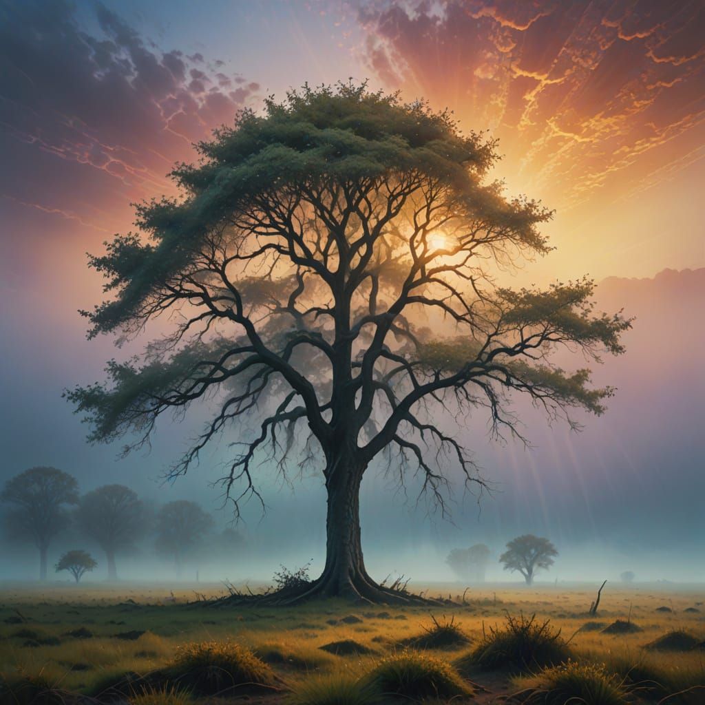 Eerie Tree in Mist: A Surreal Oil Painting