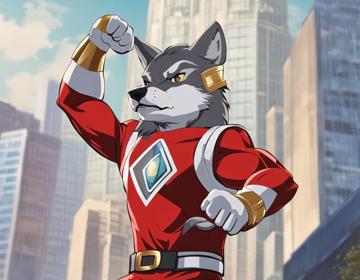 Muscular Wolf Anthro in Power Ranger Jumpsuit