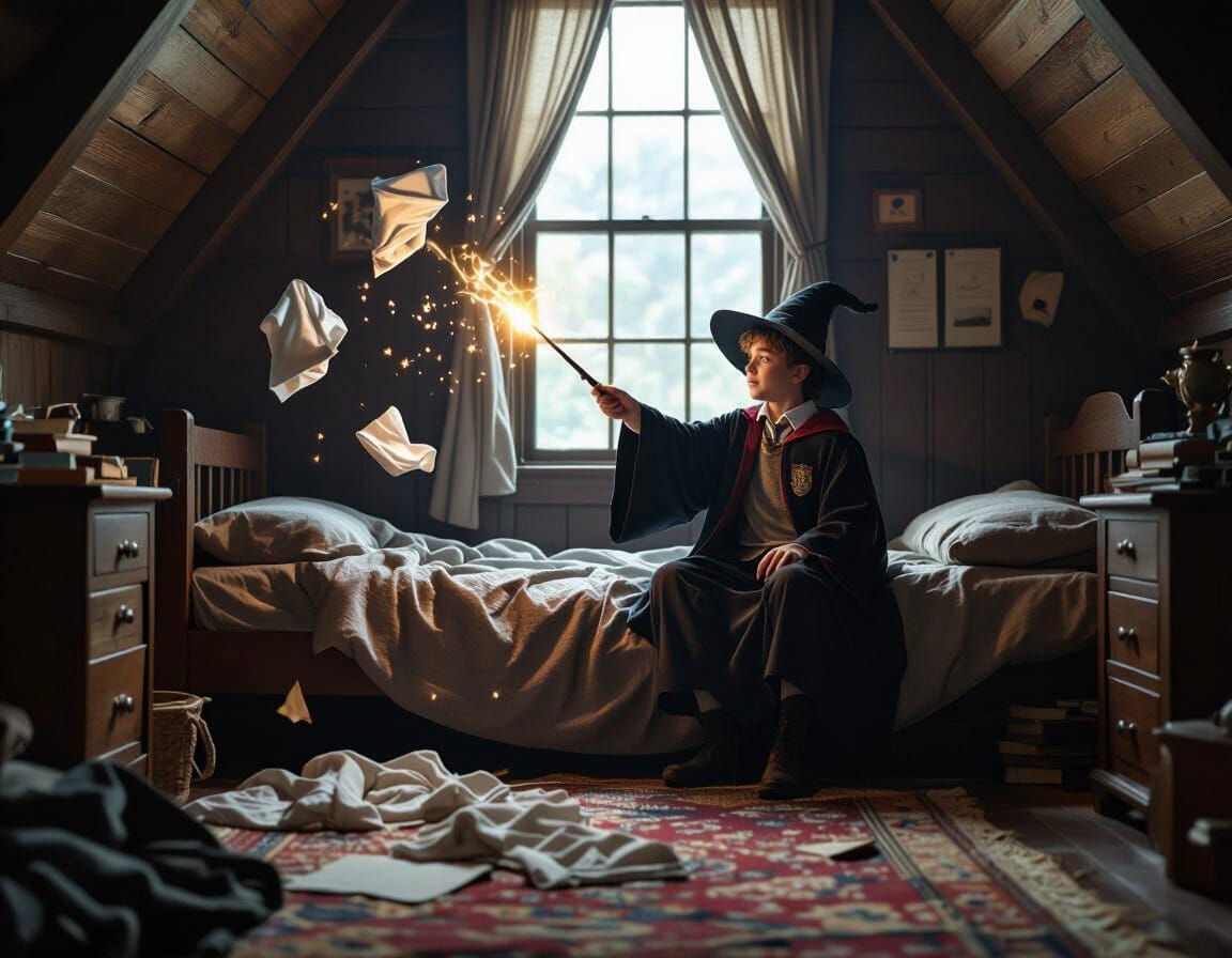 Wizard Student Practices Magic in Cluttered Dorm Room