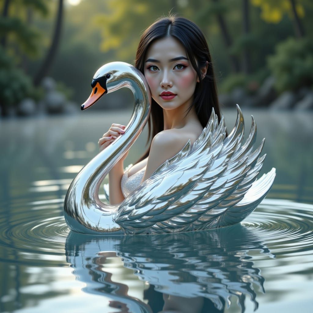 Platinum Maiden Embraces Swan Over Shining Lake