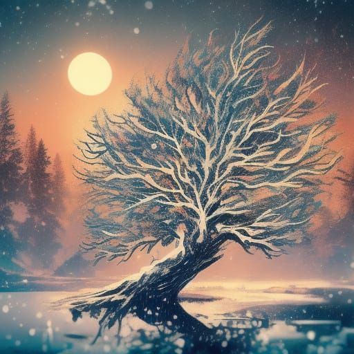 Whimsical Fantasy Night Scene with Giant Snowflake
