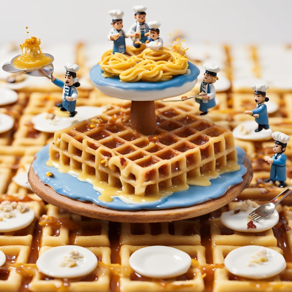 Miniature Chefs Pouring Syrup on Waffle World