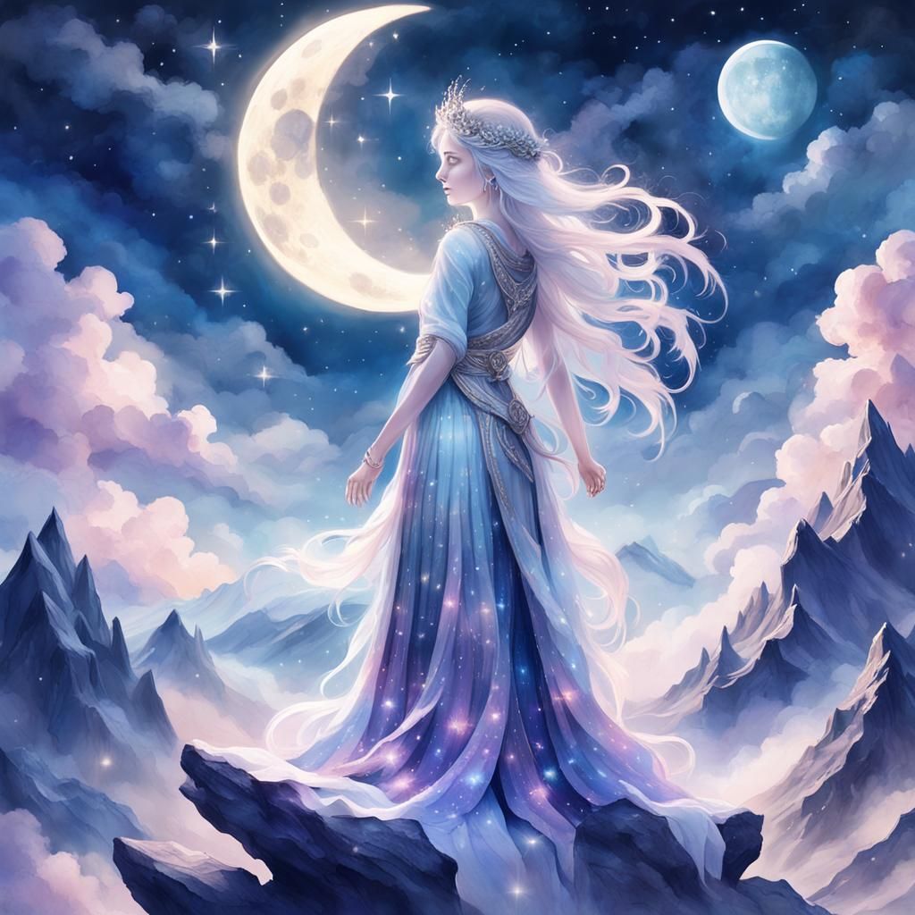 Serene Goddess Embracing the Ethereal Moon