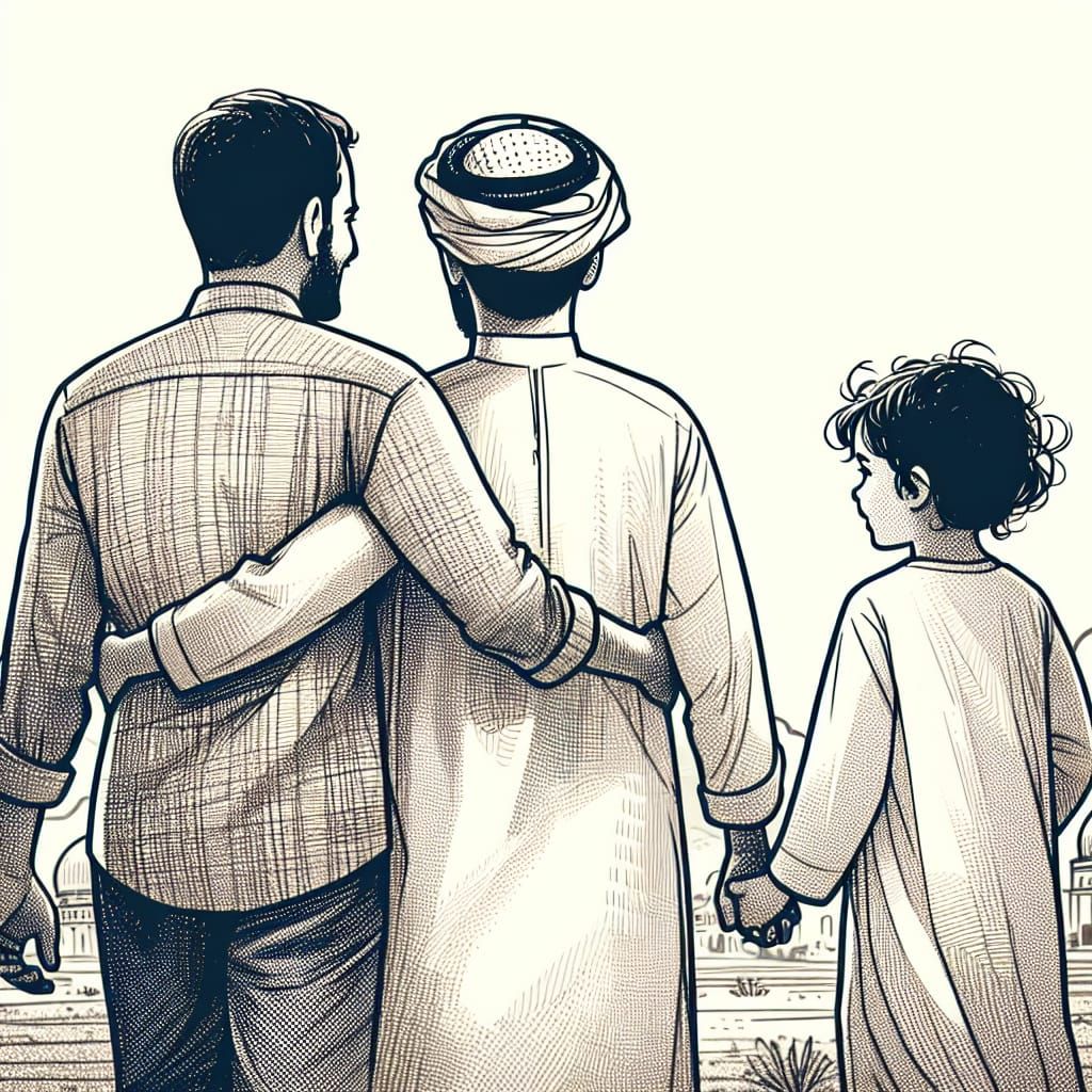 Coloring Book Style Image of Father and Children