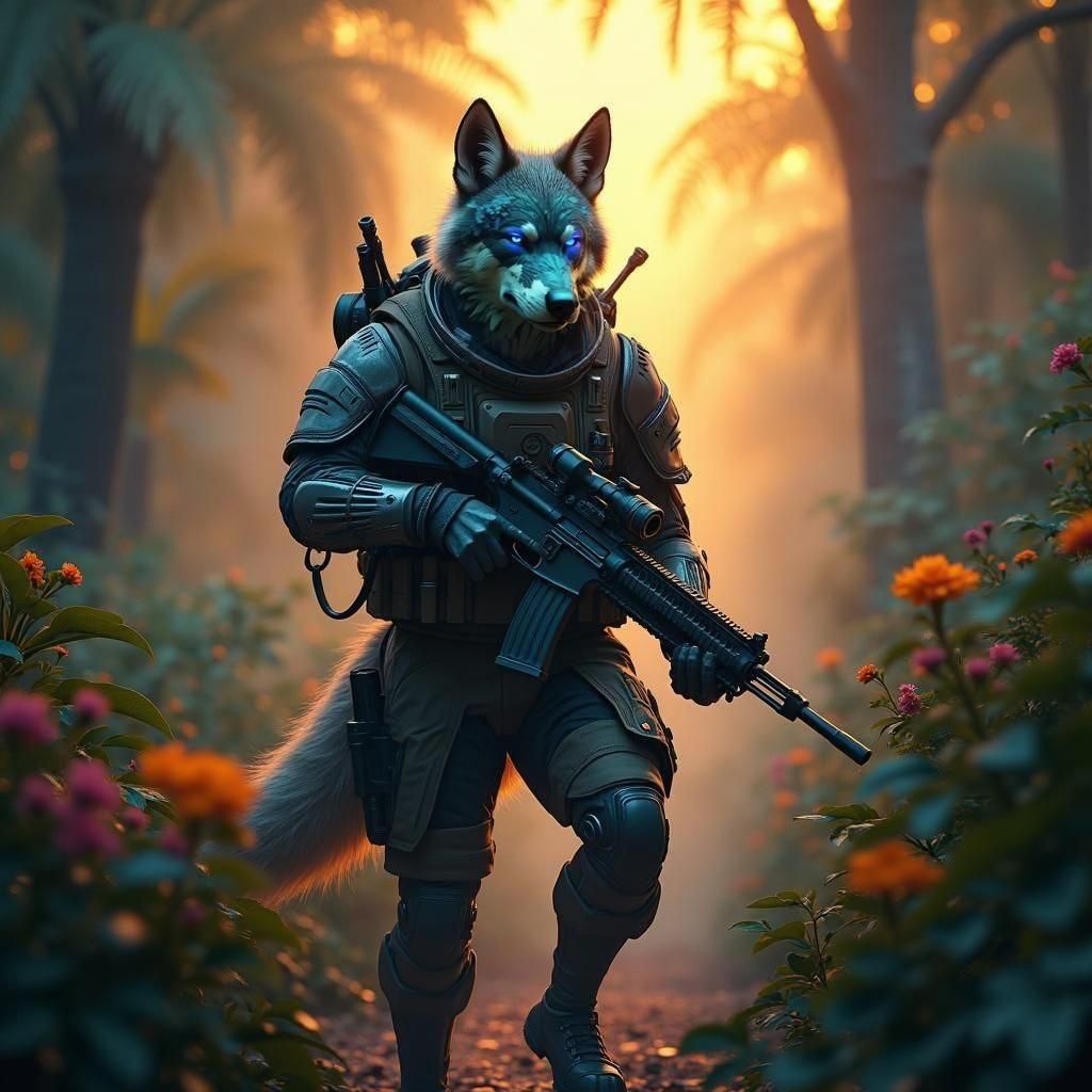 Futuristic Wolf Soldier in Jungle, Digital Art