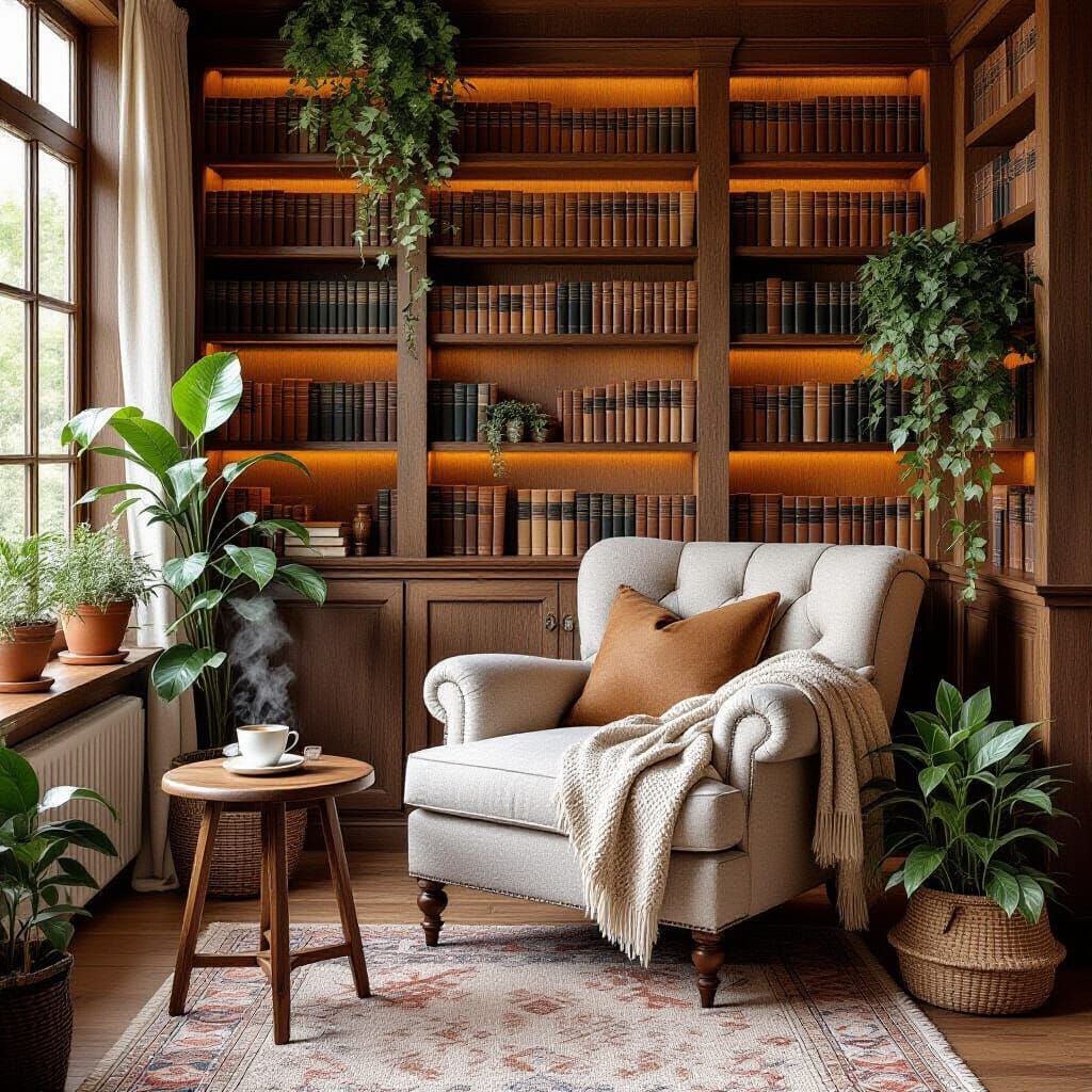 Cozy Japandi Reading Nook with Armchair and Bookshelves