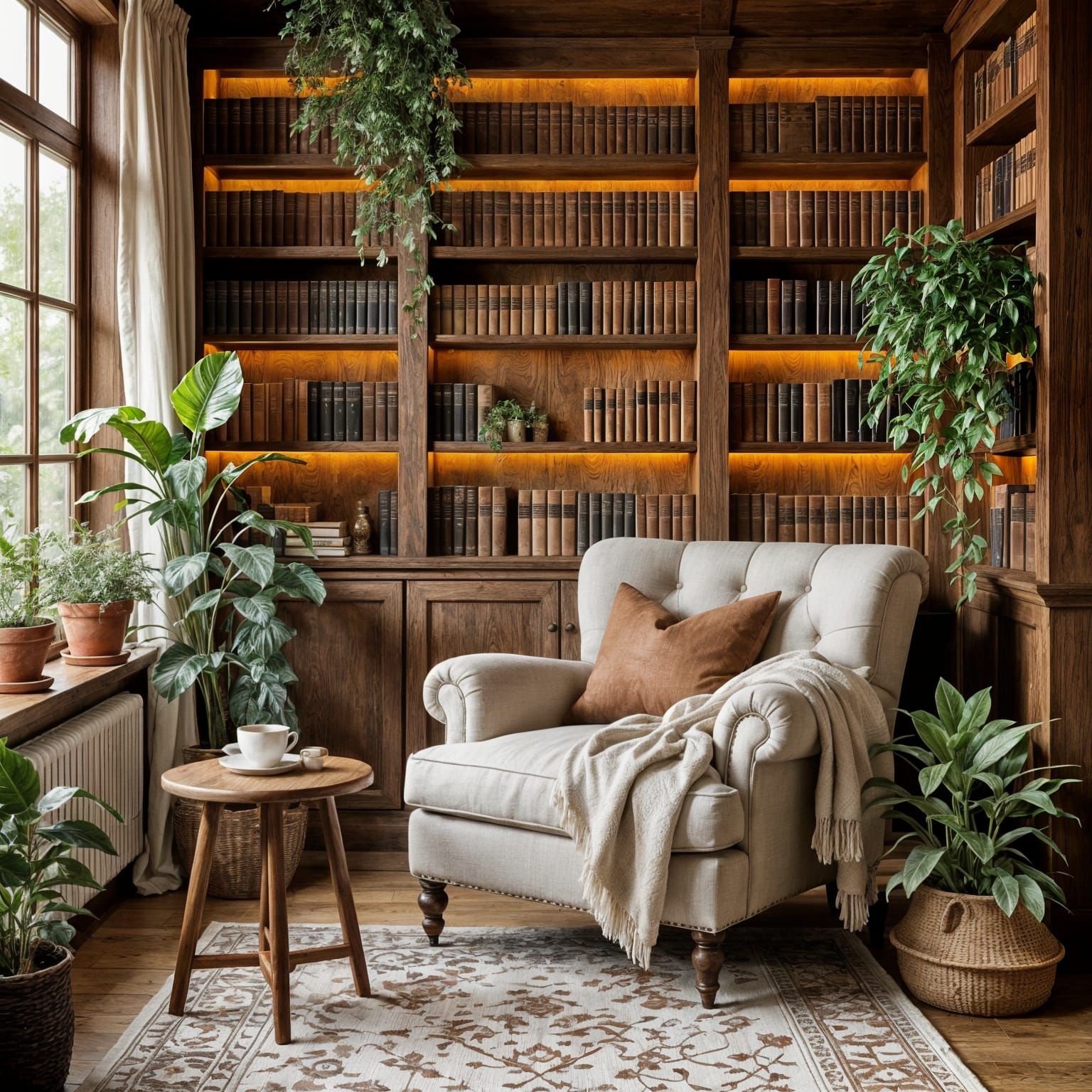 Cozy Japandi Reading Nook with Armchair and Bookshelves