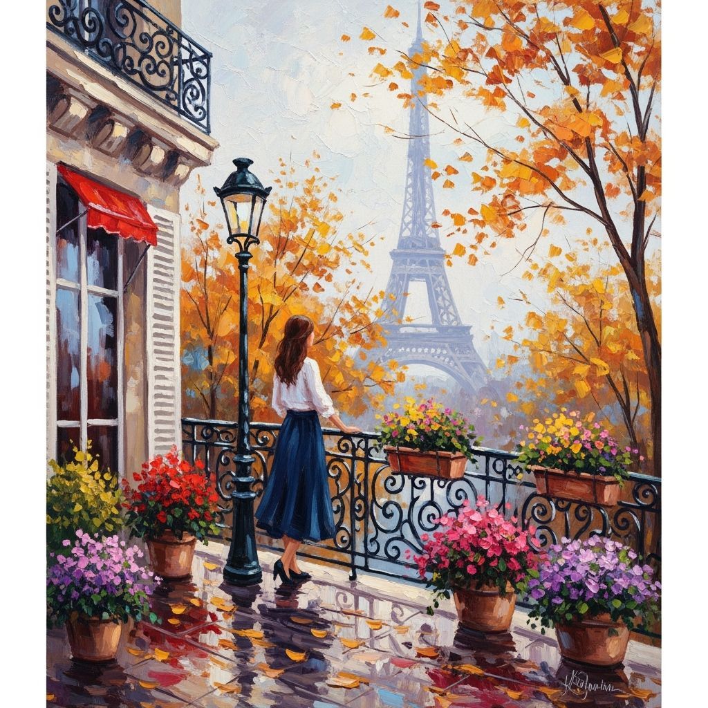 Eiffel Tower View from Parisian Balcony, Impressionist Style