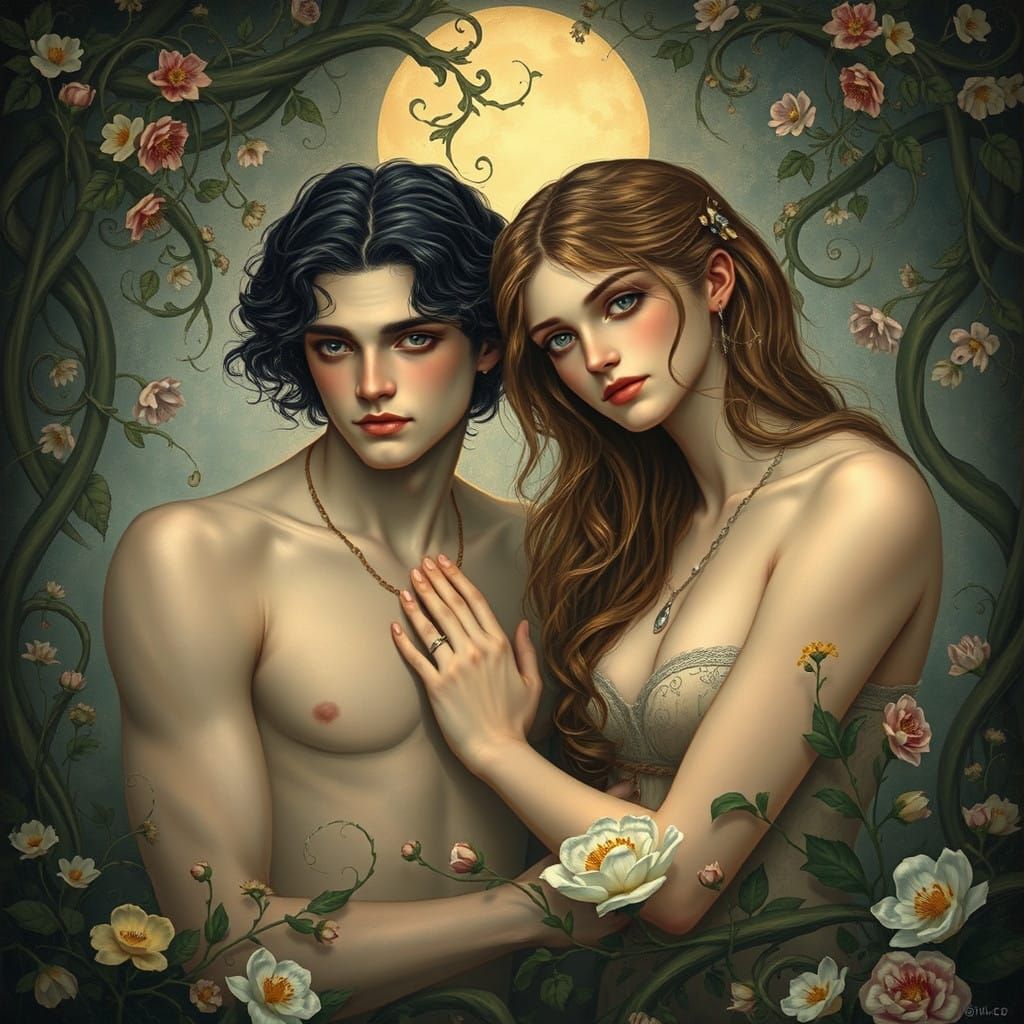 Ethereal Art Nouveau Portrait of Hades and Persephone