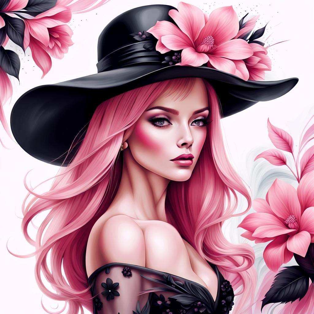 Airbrush Art: Beautiful Woman in Pink Hair and Floral Hat