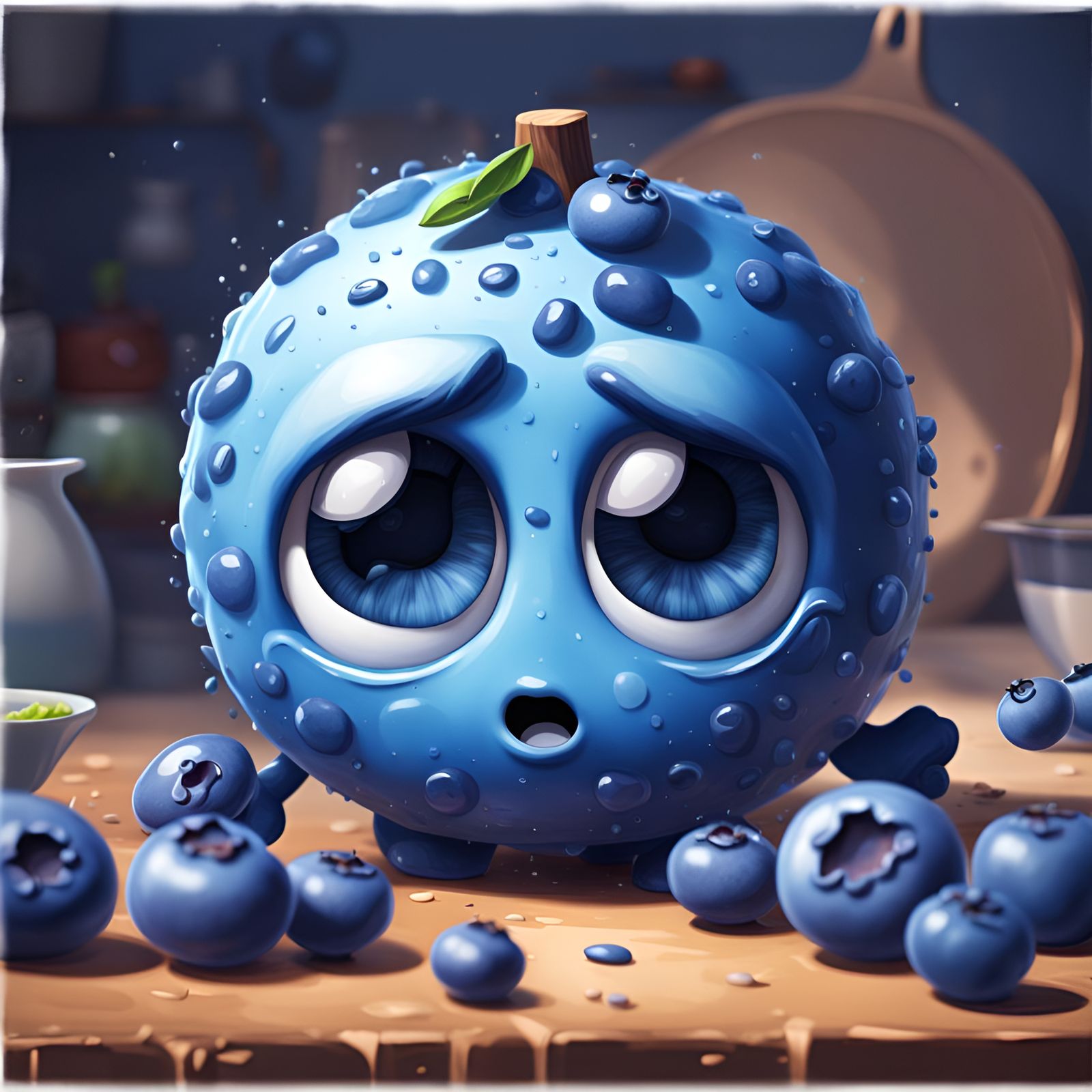 Sad Blueberry Oil Painting on Kitchen Counter