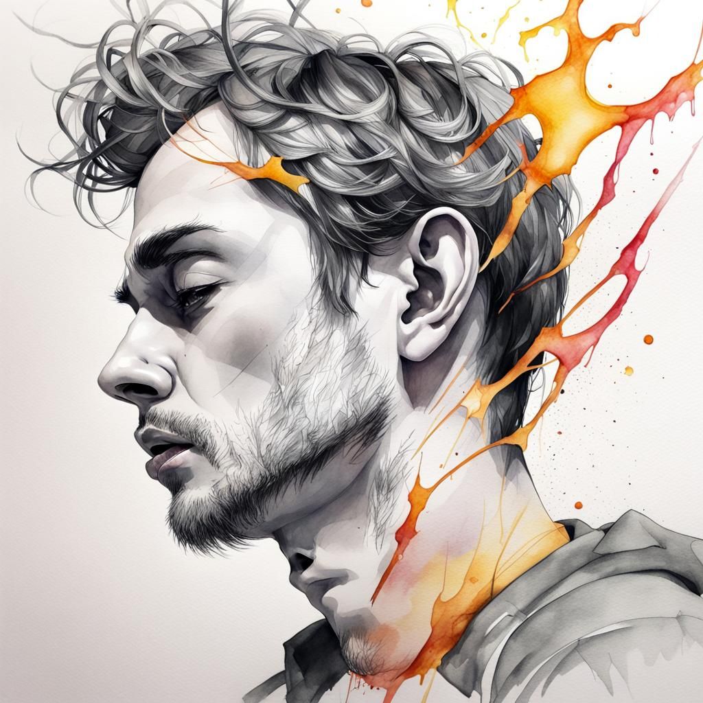 Graphite Drawing of a Broken Man in Watercolor