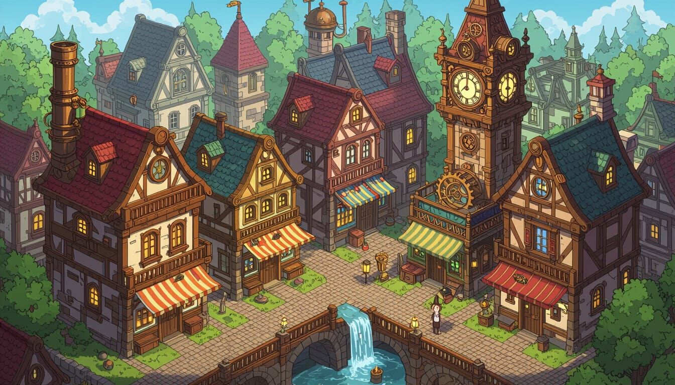 Steampunk Anime City in Isometric RPG Style